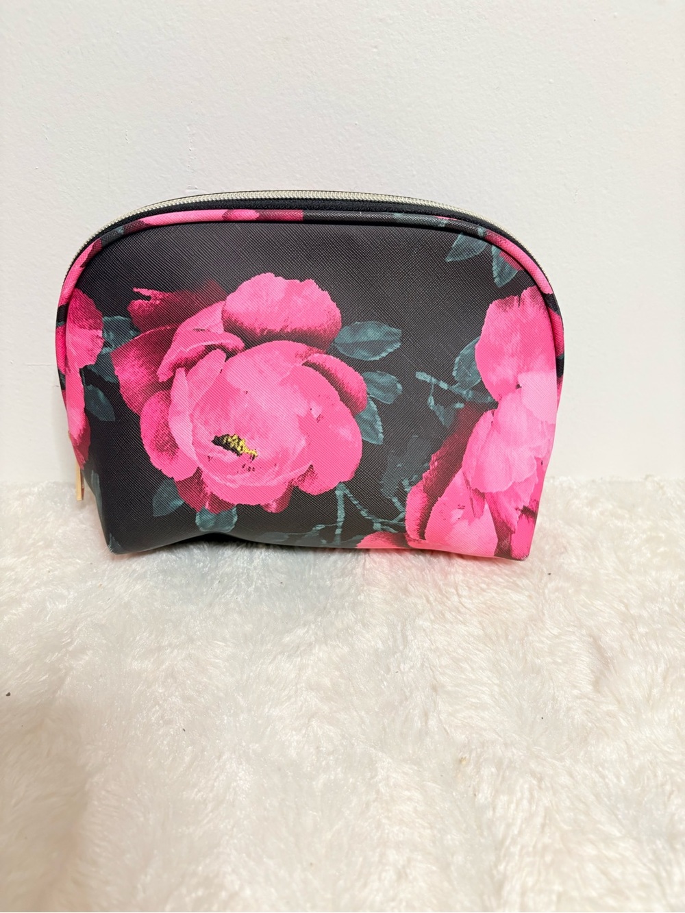 Trina Turk black and pink floral make up bag